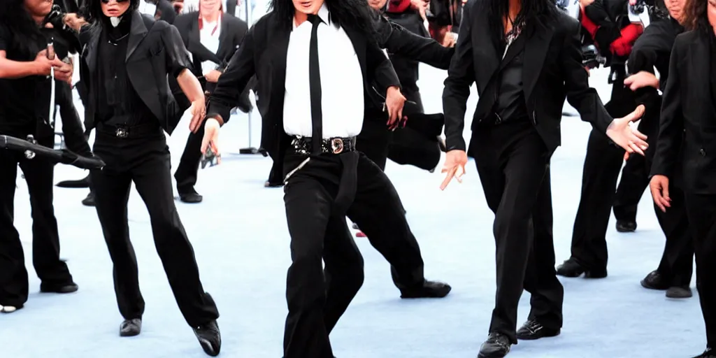 Image similar to michael jackson 2 0 0 9 style wearing shades, red carpet arrival, this is it style, photo real, pores, motion blur, solo, by himself, heroic pose, real life, spotted, ultra realistic face, accurate, 4 k, movie still, uhd, sharp, detailed, cinematic, render, modern