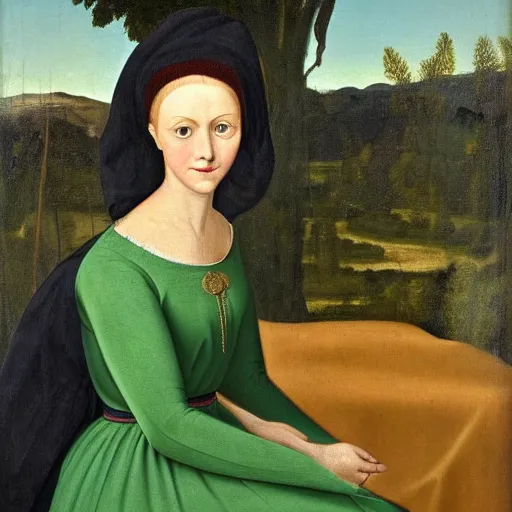 Image similar to a renaissance oil painting of a portrait of a young woman from the fifties, without eyebrows, seated in front of a landscape, wears a dark green dress, with yellow sleeves, with gold interlacing and embroidery at the neckline, a translucent black veil covers the finely curly hair, her arms are bent and her hands crossed