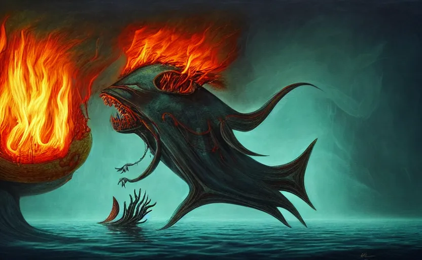 Image similar to mysterious bestiary of wild emotion monsters repressed in the deep sea of unconscious of the psyche lead by baba yaga, about to rip through and escape in a extraordinary revolution, dramatic fire glow lighting, surreal painting by ronny khalil