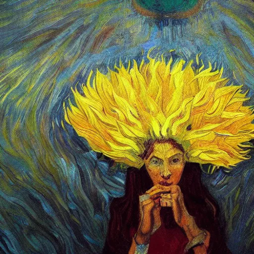 Image similar to closeup, giant sunflower head, woman standing in a room, surreal, dramatic light, impressionist painting, digital painting, artstation, van gogh