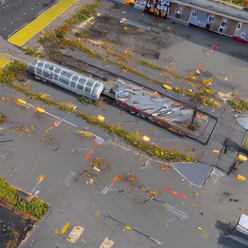 Image similar to top down aerial view of dilapidated gas - station with supermarket and shopping street in real life, desolate with zombies, dilapidated, zombies in the streets, nightmarish, some rusted style parked vehicles, sunny weather, few clouds, volumetric lighting, photorealistic, daytime, autumn, sharp focus, ultra detailed, cgsociety