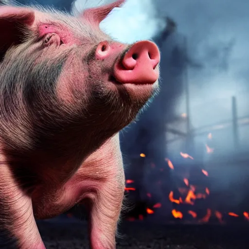 Image similar to Live Action Still of pig spitting fire, real life, hyperrealistic, ultra realistic, realistic, highly detailed, epic, HD quality, 8k resolution, body and headshot, film still, Exquisite detail, post-processing, masterpiece, Cinematic Lighting, Unreal Engine, 8k, HD, white background