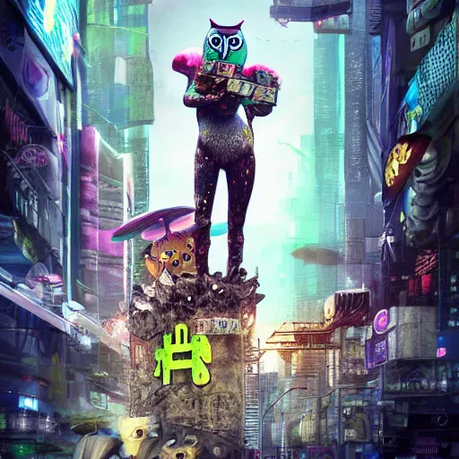 Prompt: owl king, mushroom metropolis, high octane render, character, epic, movie poster in cyberpunk style