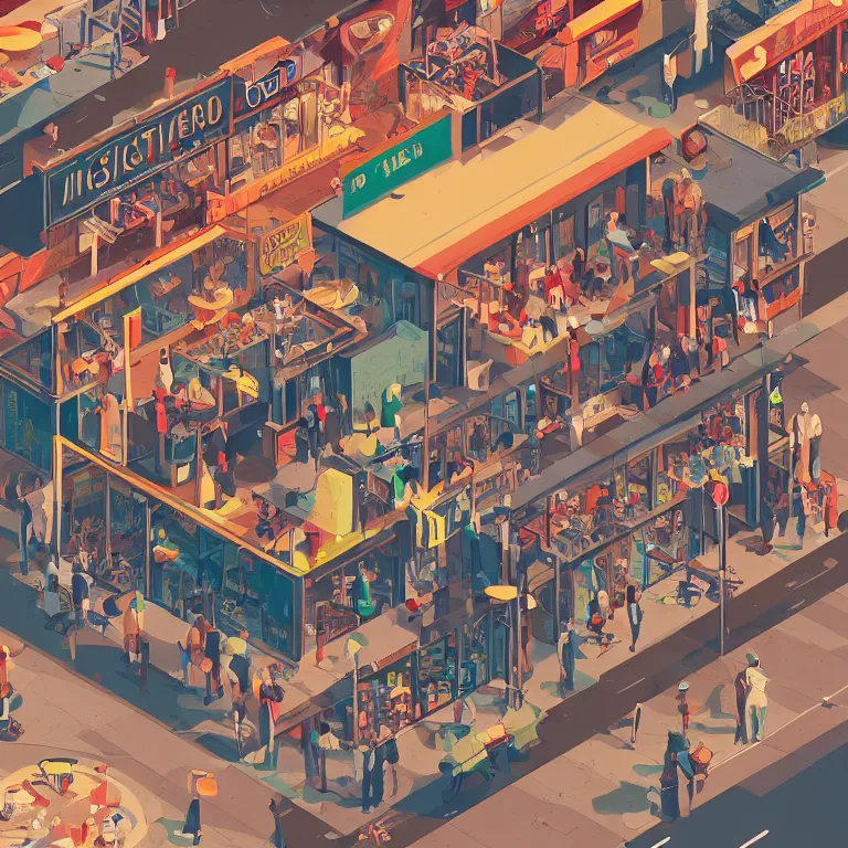 Image similar to isometric view illustration of a very lively restaurant and bar neighborhood , highly detailed, end of the day, by James Gilleard and Bruce Pennington
