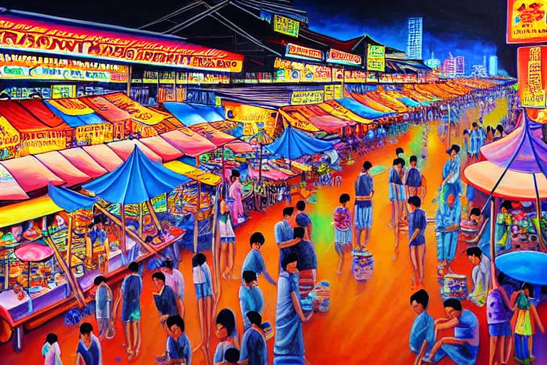 Image similar to detailed painting of Thai river night market, Bangkok, comic style, deep strokes, high quality