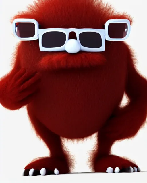 Prompt: 3 d render of completely red hairy friendly antropomorphic cartoony creature wearing white ray - ban shades, full body, simple, without nose, smiling, cute, white background, unreal engine 5 hdr