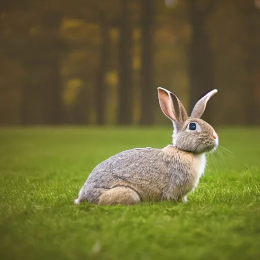 Prompt: a rabbit playing piano on a foggy field of grass