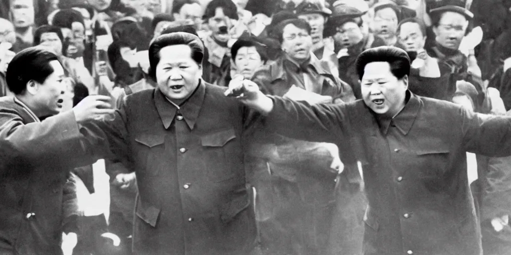 Image similar to a photo of mao zedong fighting with margaret thatcher, photorealistic, dramatic