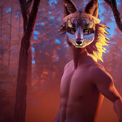 Prompt: a beautiful male holographic spirit wearing a kitsune mask made of wood of a sacred tree, detailed and intricate, cinematic, elegant, realistic, unreal engine 5, movie still