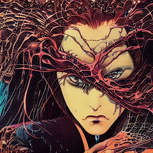 Image similar to closeup of face melting in agony, inside a frame on a tiled wall, frontal picture, by yoichi hatakenaka, masamune shirow, josan gonzales and dan mumford, ayami kojima, takato yamamoto, karol bak