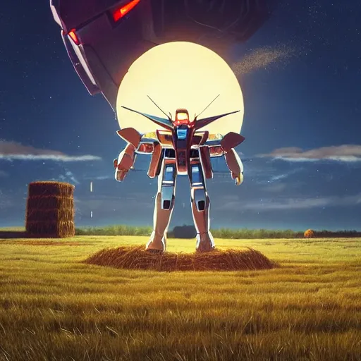 Image similar to giant gundam stands over field with hay bales by simon stalenhag, sci fi digital painting, unreal engine 5, photorealism, hd quality, 8 k resolution, cinema 4 d, 3 d, cinematic, professional photography, art by artgerm and greg rutkowski and alphonse mucha and loish and wlop