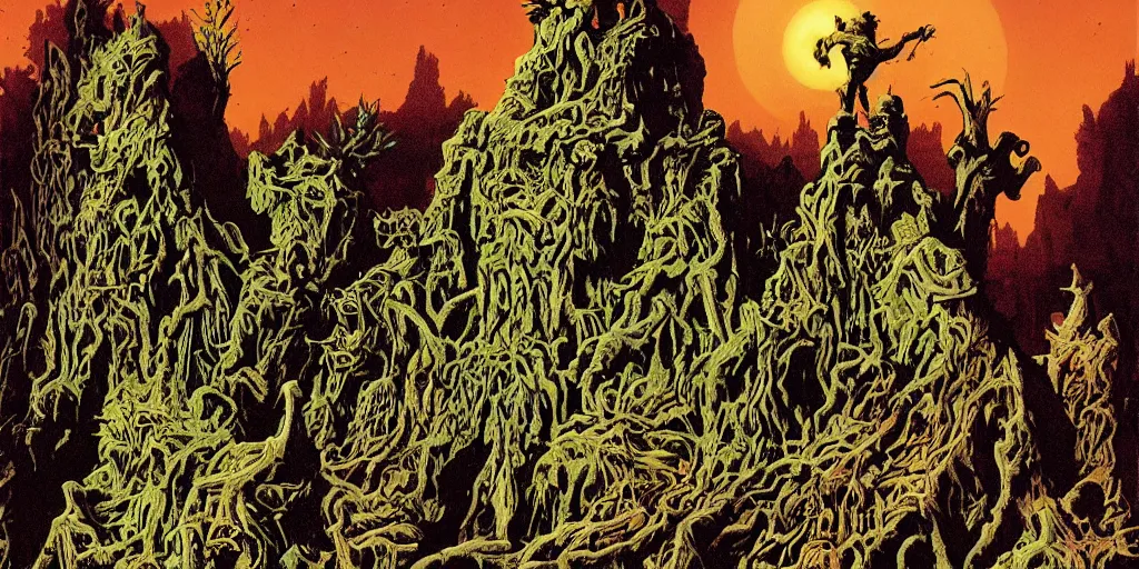 Image similar to Artwork by Richard Corben of the cinematic view of the Celestial Forest of Buried Enchantments.