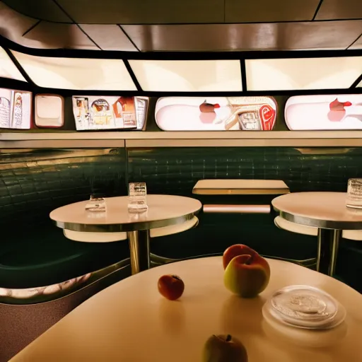Prompt: high res apple is sitting on a table in a futuristic diner 4k