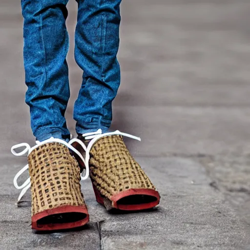 Prompt: A person wearing pants made of bricks, cover art