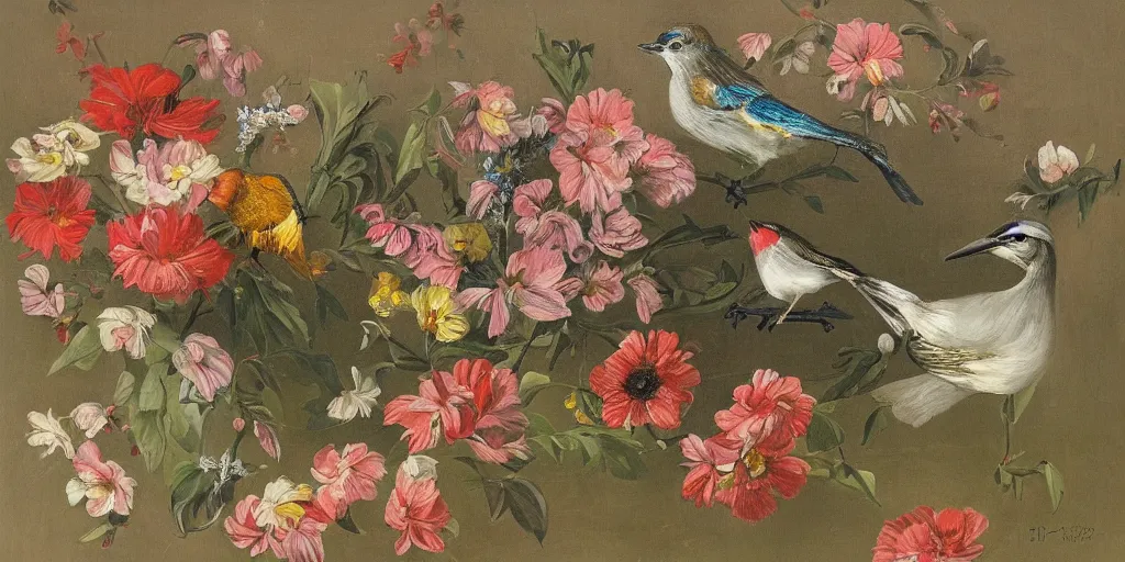 Prompt: birds and flowers by elias vonck