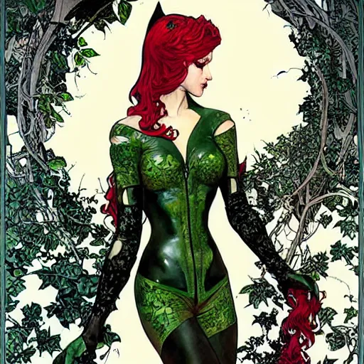 Image similar to a beautiful painting of poison ivy dressed as catwoman and catwoman dressed as poison ivy, intricate, elegant, highly detailed, digital painting, artstation, concept art, matte, sharp focus, illustration, art byby rebecca guay and by arthur rackham and by alphonse mucha and by john william waterhouse, comic book style!!