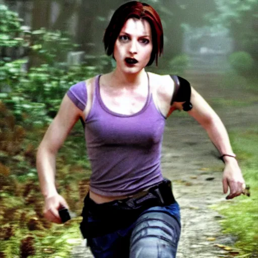 Prompt: Jill Valentine from Resident Evil running away from zombies.