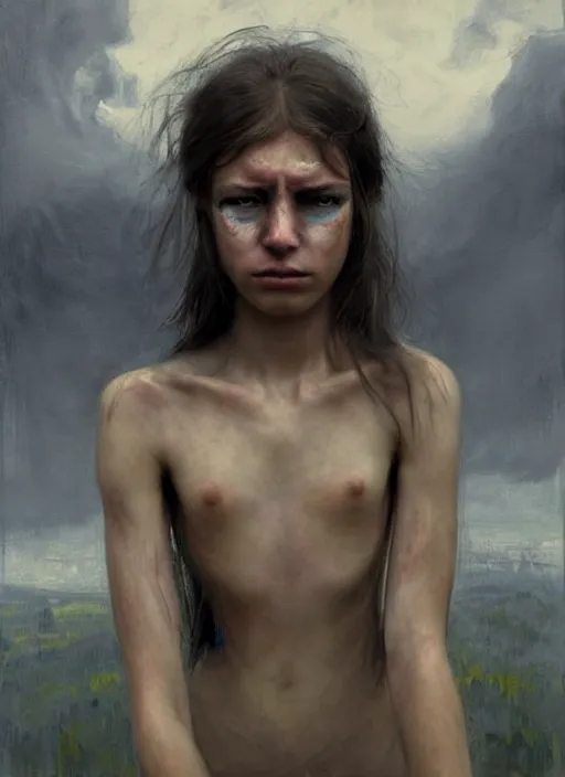 Prompt: portrait of very sad vilage girl, pain, cry, suffering, countryside, fantasy character portrait, dynamic pose, above view, view from above, sunny day, thunder clouds in the sky, artwork by Jeremy Lipkin and Giuseppe Dangelico Pino and Michael Garmash and rob rey, very coherent symmetrical artwork, perfect face, simple form, 100mm