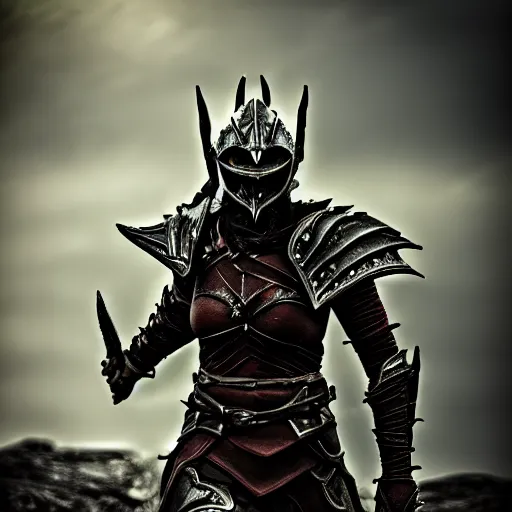 Prompt: warrior with daedric armor, skyrim ,Grim fantasy, D&D, HDR, natural light, dynamic pose, award winning photograph, Mucha style, 8k,