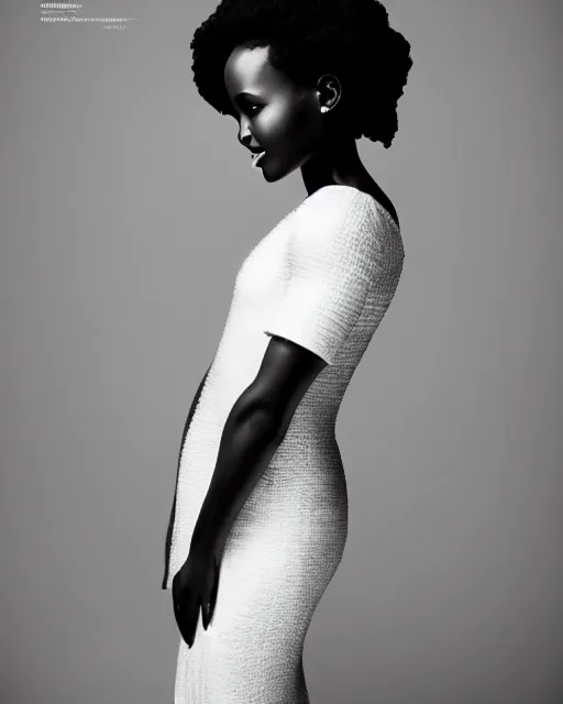 Prompt: Fully-clothed full-body portrait of Lupita Nyong'o wearing a white dress, XF IQ4, 50mm, F1.4, studio lighting, professional, 8K