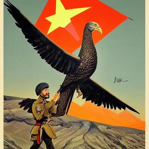 Image similar to a detailed and complex, highly detailed, concept art, soviet propaganda poster depicting a dromaius in military uniform. painting by irakli toidze,