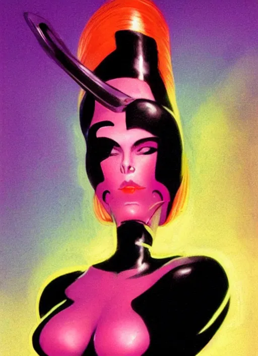 Image similar to female evil android, neon hair, glowing skin, strong line, saturated color, beautiful! coherent! by frank frazetta, high contrast, minimalism