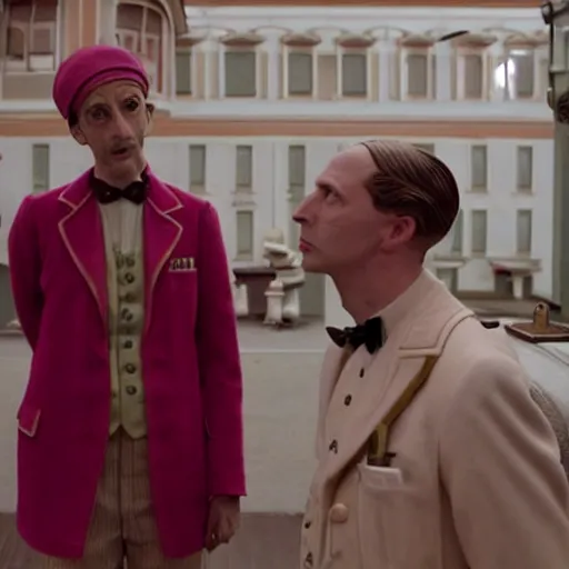 Image similar to a scene from wes anderson's grand hotel budapest, starring a pickle in the lead role opposite raph fiennes, realistic detailed cinematography