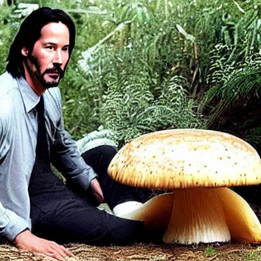 Image similar to Keanu Reeves sitting on a giant mushroom