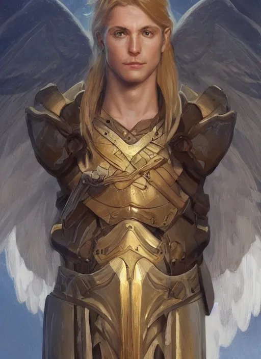 Image similar to portrait of a floating winged aasimar paladin blond young man with amber eyes strong, sofisticated, fantasy, highly detailed, digital painting, artstation, concept art, character art, art by greg rutkowski and tyler jacobson and alphonse mucha