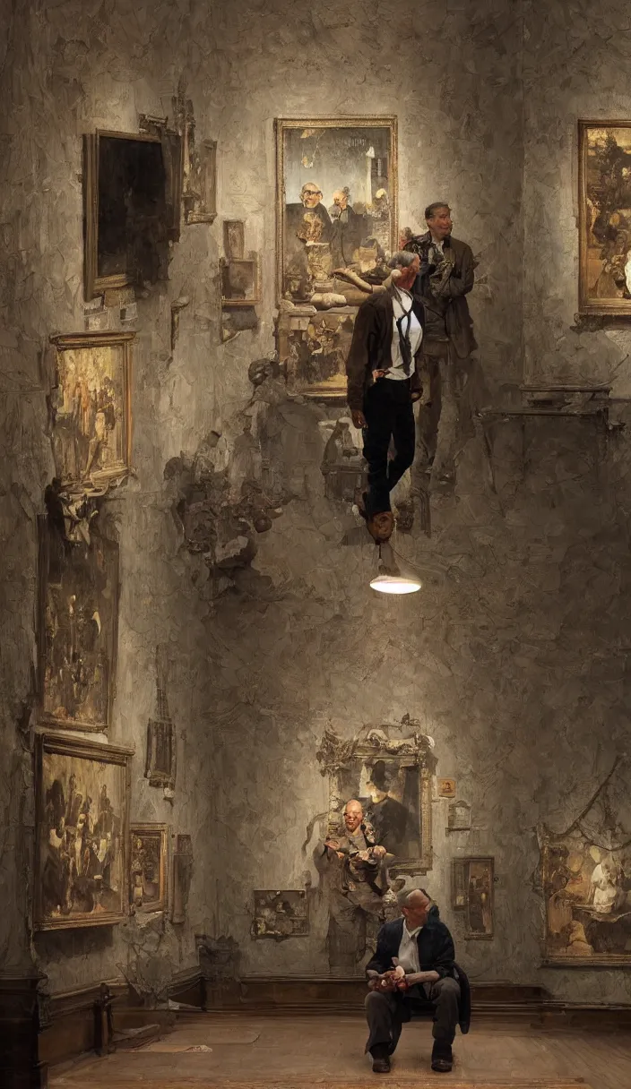 Image similar to a man in a museum looking at a painting of a man in a museum, part by Norman Rockwell, part by Greg Rutkowski , part by Mattias Adolfsson, high angle, intricate, detailed, (((volumetric lighting))), oil on canvas