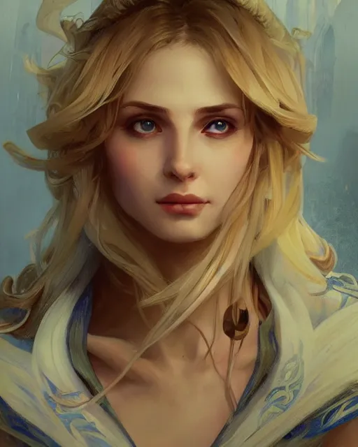 Image similar to '' Portrait of Beautiful blonde Slavic woman in her early 30’s, league of legends, LOL, fantasy, d&d, digital painting, artstation, concept art, sharp focus, illustration, art by greg rutkowski and alphonse mucha ''