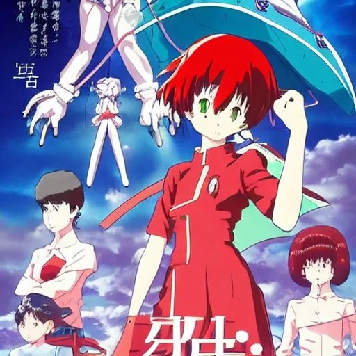 Image similar to incredibly powerful Anime Girl, created by Hideaki Anno + Katsuhiro Otomo +Rumiko Takahashi, Movie poster style, box office hit, a masterpiece of storytelling, main character center focus, monsters + mech creatures locked in combat, nuclear explosions paint sky, highly detailed 8k