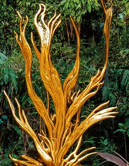 Image similar to vintage color photo of a 1 1 0 million years old abstract liquid gold sculpture covered by the jungle vines