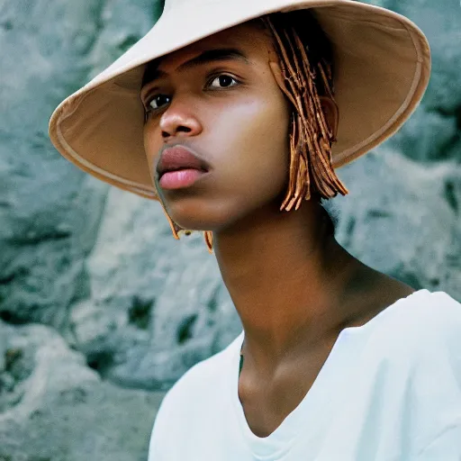 Image similar to realistic photoshooting for a new arcteryx lookbook, color film photography, portrait of a beautiful woman, model is wearing a bucket hat, photo in style of tyler mitchell, 3 5 mm,