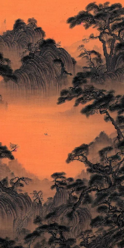 Prompt: the flaming sun up in the sky is scorching the dying trees and ruins in this ancient chinese landscape painting of hillsides detailed matte painting 8 k resolution