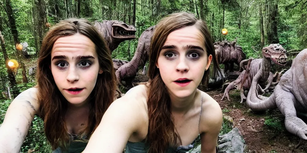 Image similar to photo, hairy fat cave people, emma!! watson!!, looking at camera, surrounded by dinosaurs!, gigantic forest trees, sitting on rocks, bright moon, birthday cake on the ground, front close - up view of her face, selfie, jelly! monster!