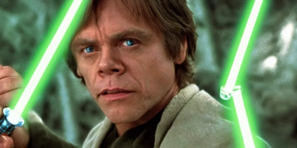 Image similar to a still from a film featuring clean shaven mark hamill as jedi master luke skywalker, holding a green lightsaber by the hilt, 3 5 mm, directed by steven spielberg, 1 9 9 4