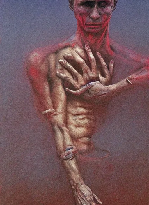Image similar to Painting in a style of Beksinski featuring Vladimir Putin. Suffering and pain