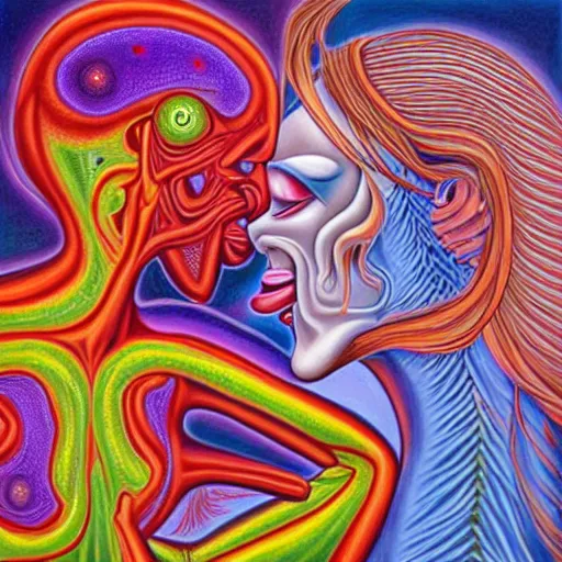 Image similar to emotive painting by alex grey of two bizarre femme creatures kissing each other closeup. they have strange appendages. they are in a psychedelic landscape. speculative evolution, exobiology, golden ratio