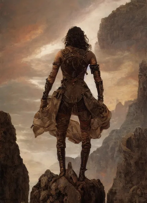 Image similar to oil painting of a highly detailed steampunk gal gadot with her hands behind the back while standing on a rock : leonardo da vinci, greg rutkowski, magali villeneuve