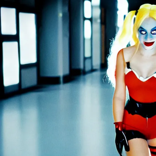 Image similar to still image of harley quinn from the simpsons in the dark knight, cinematic, anamorphic, 8 0 mm f / 2. 8 l, 3 5 mm film, movie