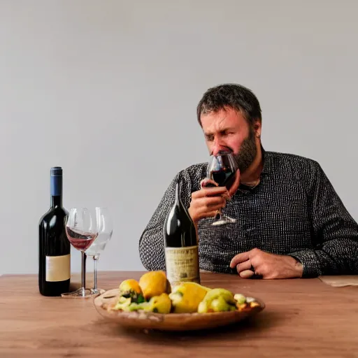 Image similar to photograph of a frenchman seated at a table with a bottle of wine in 2 0 2 0. colorful, award winning photography, 5 0 mm, extremely detailed face