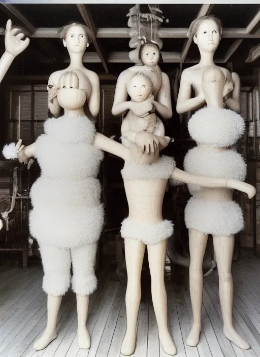 Prompt: realistic photo of the family wearing fluffy shorts, faceless, no face, polished and fancy, standing in the wooden expensive interior room full of wooden bird idol sculptures 1 9 9 0, life magazine reportage photo