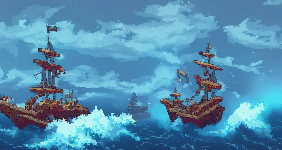 Image similar to Pixelart of a pirates battles in the ocean, volumetric lighting, digital pixel art, pixiv, by Aenami