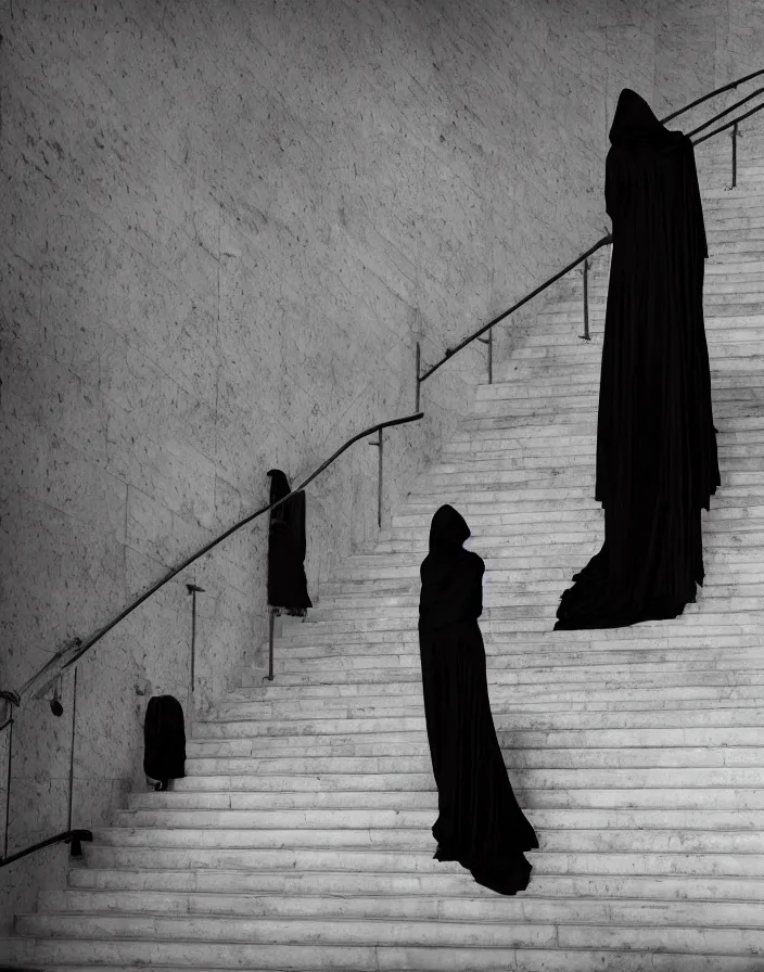 Image similar to several ritualistic figures shrouded in a long trailing dark black opaque gown, descending in tandem down a giant marble staircase in a dark room, photorealism, hyperrealism, harsh lighting, dramatic lighting, medium shot, serious, gloomy, foreboding, cinematic, creepy