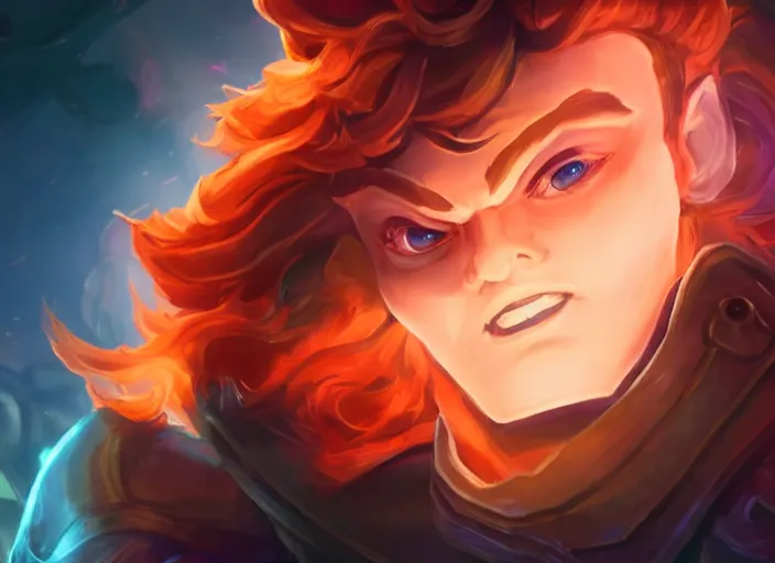 Prompt: glowwave portrait of curly orange haired man on a dark background from league of legends, au naturel, hyper detailed, digital art, trending in artstation, cinematic lighting, studio quality, smooth render, unreal engine 5 rendered, octane rendered, art style by pixar dreamworks warner bros disney riot games