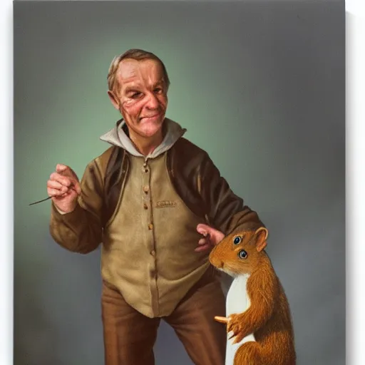 Prompt: a man with squirrel features with a hand puppet, by Alex Horley