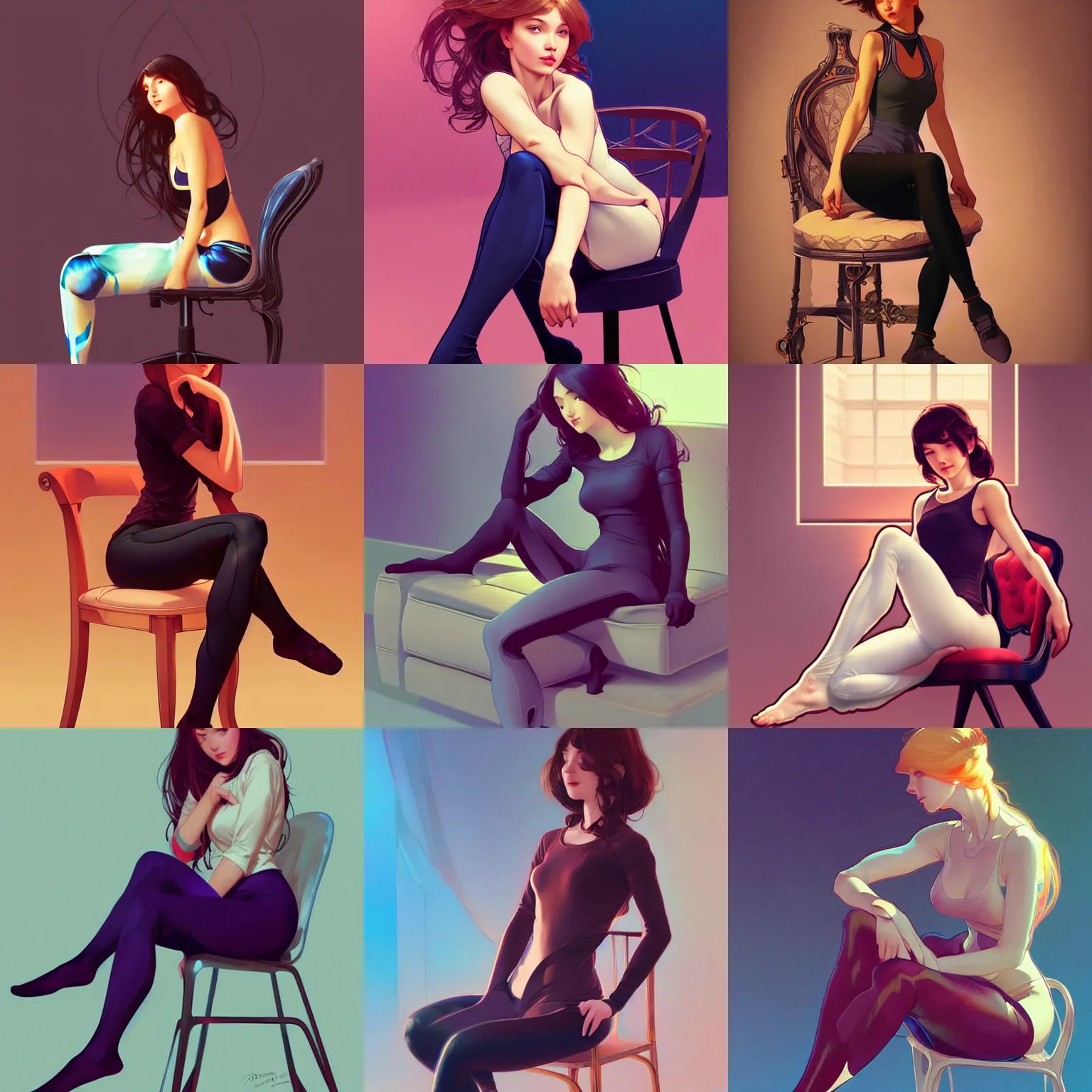 Prompt: beautiful girl sitting in a chair wearing leggings. highly detailed, digital painting, artstation, concept art, smooth, sharp focus, illustration, art by artgerm and alphonse mucha, high definition digital art, in the style of ilya kuvshinov and Ross tran