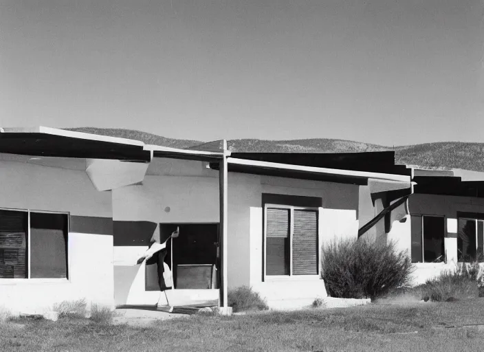 Image similar to a midcentury modern motel in santa fe new mexico in the year 1 9 6 7