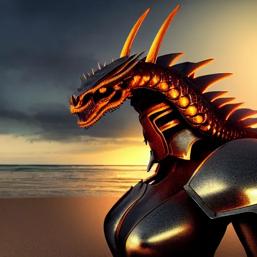 Prompt: cinematic chest up shot, realistic detailed stunning beautiful humanoid anthropomorphic female robot dragon, looking to the side with an elegant pose of hand on hip, smooth and streamlined armor and design made of steel, sharp claws and sharp teeth, high quality head, Slick LEDs, on the beach during sunset, high quality, cinematic art, sci fi, sunset lighting, 3D render, 8k, artstation, deviantart, furaffinity